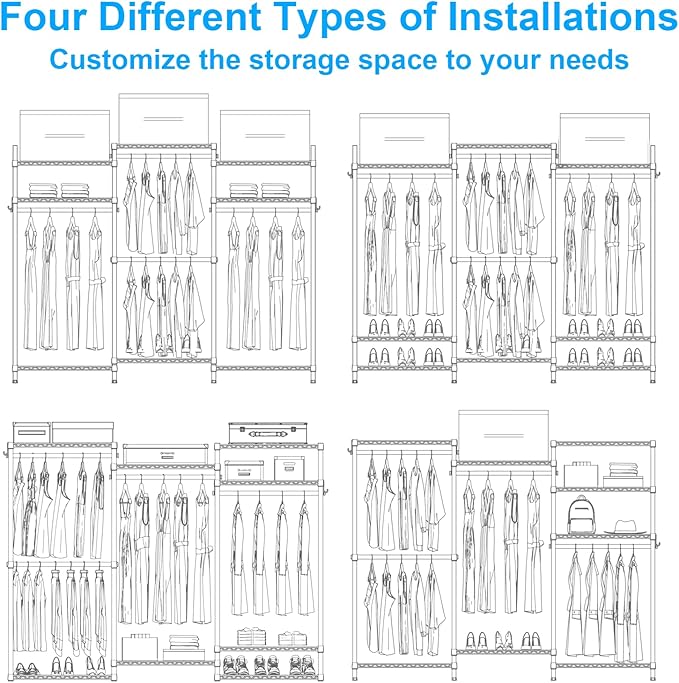 Ulif E13 Heavy Duty Clothes Rack（With 4 Hanger Rods & 8 Shelves） Freestanding Clothing Racks for Hanging Clothes，Adjustable Closet Organizer，Metal Garment Rack 63" W x16 D x77 H，Max Load 900LBS，Grey
