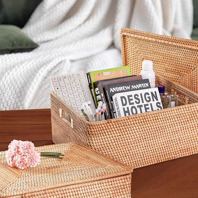 Rattan Basket With Lid, Large Lidded Basket For Storage(15.75" L×13.78"W×9.45"H)