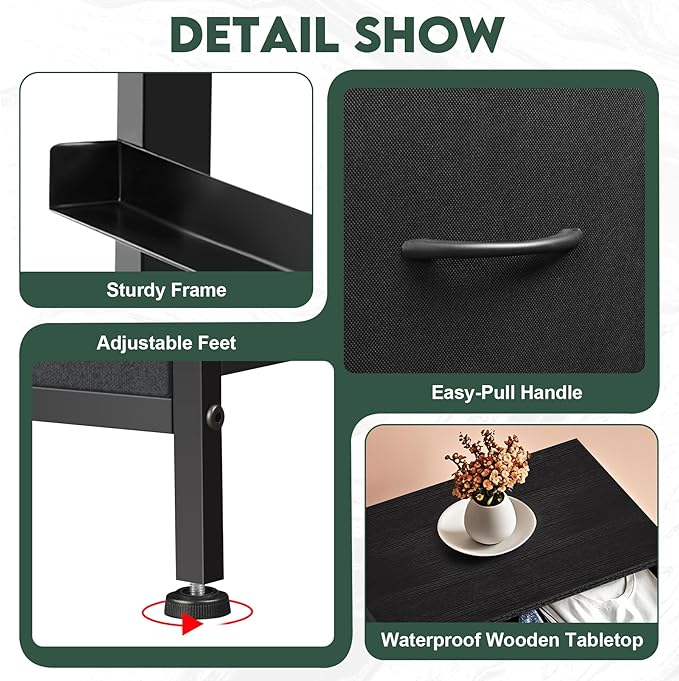 5 Fabric Drawer Dresser for Bedroom, Chest of Drawers with Waterproof Wood Top Tall Dresser for Hallway, Living Room, Kid Room (Charcoal Black)