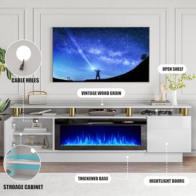 70" Modern Fireplace TV Stand with 36" Electric Fireplace for TVs Up to 80 inch, Luxury LED Light Entertainment Center with High Gloss Cabinet, TV Consoles for Living Room, White + Gold Posts
