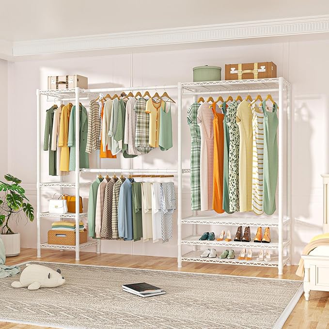 Ulif E11 Heavy-Duty Garment Rack, Metal Freestanding Clothes Rack and Closet Storage Organizer with 8 Shelves and 4 Hanger Rods, (73.2 - 97.6)"W x 14.5"D x 71.2"H, Load 1034 LBS, White