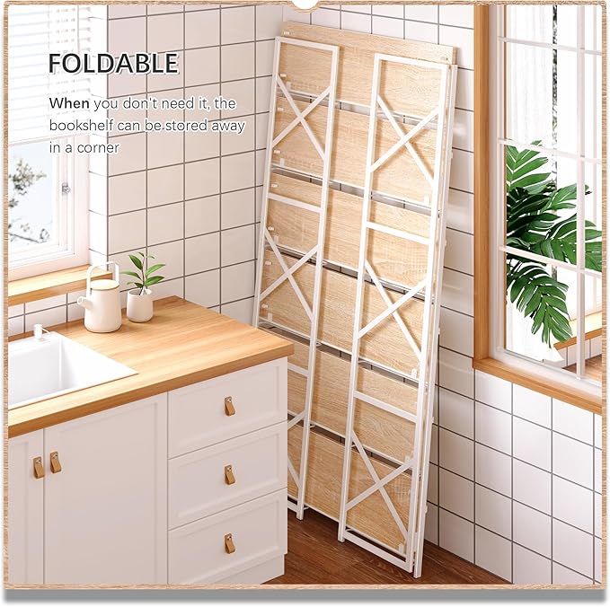 4NM Extra Wide 6 Tiers No Assembly Book Shelves, 61.8" H Folding Bookshelf Bookcase Open Industrial Foldable Shelves for Bedroom, Living Room, Home Office - Natural White