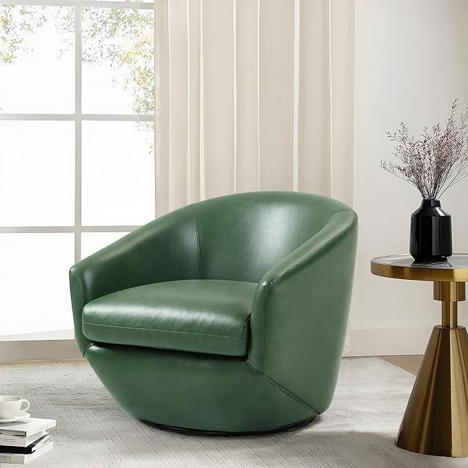 Swivel Barrel Accent Chair, Modern Round Faux Leather Arm Chair for Living Room, Bedroom, Comfy Club Reading Chairs for Adults(Faux Leather, Green, Set of 2)