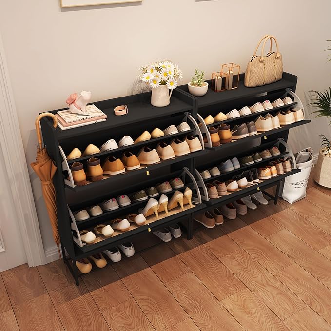 Narrow Shoe Storage Cabinet with 2 Flip Drawers, Freestanding Shoe Organizer Slim Shoe Cabinet Storage, Wooden Closed Shoe Rack for Entryway, Hallway, Living Room, Black