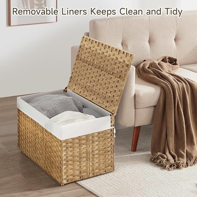 180L Wicker Storage Basket with Lid, Handwoven Rattan Large Shelf Basket with Removable Liner, 47.6 Gallon Wicker Basket for Blanket, Storage Trunk with Handle for Closet, Bedroom, Livingroom, Natural