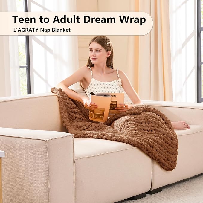 L'AGRATY Chunky Knit Blanket Throw - Soft Chunky Throw Blanket 30x40 inches: 100% Hand Kintted Chenile Crochet Throw Blanket for Couch - Large Cable Knit Chunky Blanket for Home Decor(Brown)