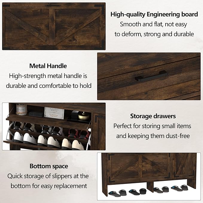 Shoe Cabinet with 2 Flip Drawers, Shoe Storage Cabinet for Entryway, Shoe Rack with Adjustable Side Cabinet, Freestanding Hidden Shoe Cabinet Organizer with Storage Drawers, Rustic Brown, L