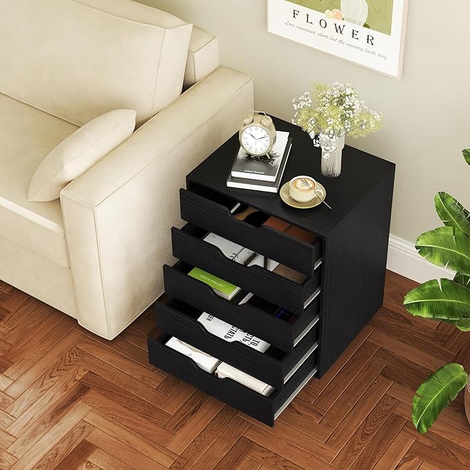 LOKO 5-Drawer Storage Cabinet, Versatile Drawer of Chest with Lockable Wheels, Mobile Office Lateral File Cabinet, for Home Office, Study (Black, 16" D x 19.5" W x 25.5" H)