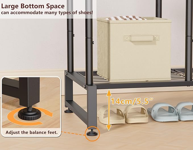 Double Rods Clothes Rack Clothing Rack with 4 Tier Storage Shelves Clothes Rack for Hanging Clothes Multifunctional Heavy Duty Clothes Organizer with Hooks for Bedroom,Wardrobe Closet,Shop,Black