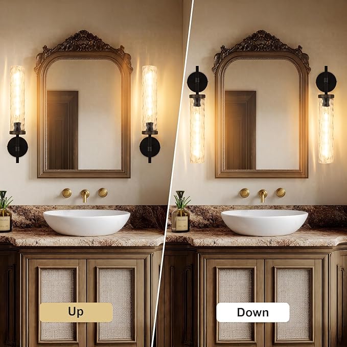 19.5" Knurled Brass Wall Sconces Set of 2, Black Gold Bathroom Vanity Light Fixtures with Water Ripples Glass Tube, Modern Lamp Lighting for Bedroom, Living Room, Hallway, Staircase, Mirror, Kitchen