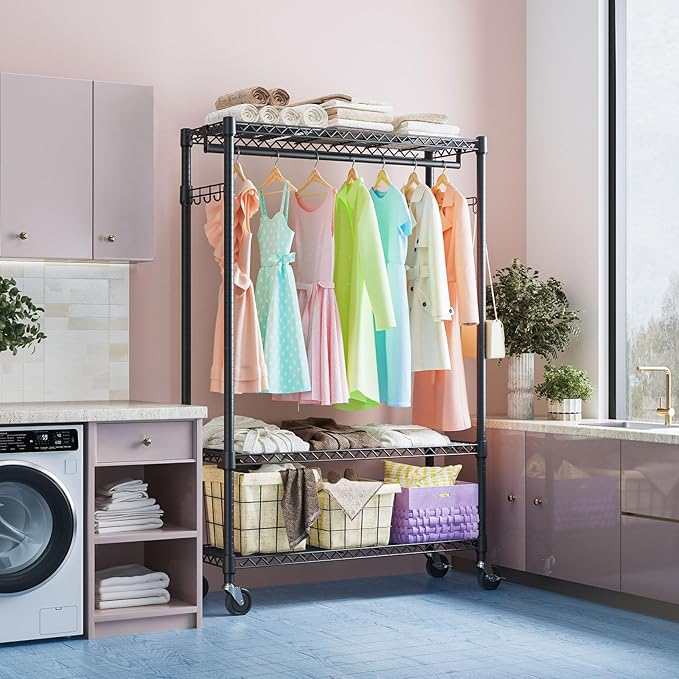 IZEUK 3 Tier Heavy Duty Rolling Garment Rack Wire Clothes Rack for Hanging Clothes, Metal Freestanding Closet Wardrobe Rack with 1 Rods and Wheels Black 15.7" D x 45.3" W x 75.6" H