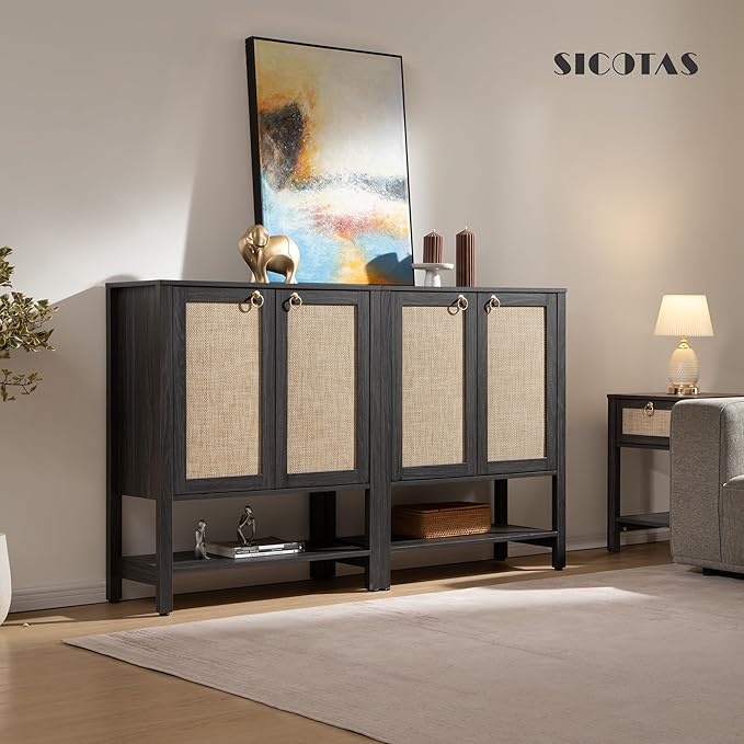 SICOTAS Rattan Shoe Storage Cabinet - 5 Tier Farmhouse Boho Shoe Storage Organizer Cabinet with Doors and Shelves, Tall Shoe Rack for Entryway, Hallway, Living Room, Closet (Obsidian)