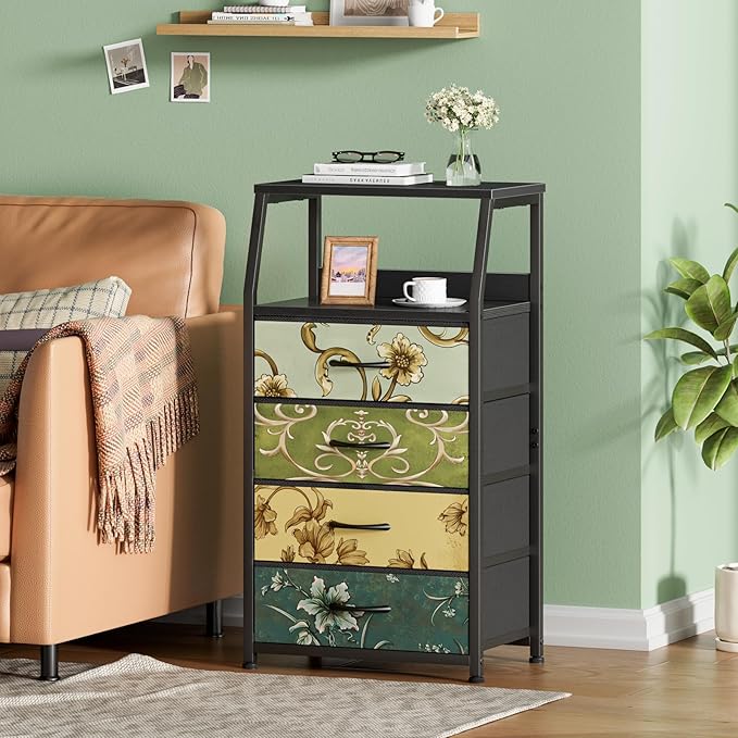 Furnulem Retro Dresser for Bedroom, Small Dresser for Closet, Vintage Nightstand with 4 Drawers, Fabric Storage Organizer Bedside Table Side Furniture, Metal Frame, Wood Top