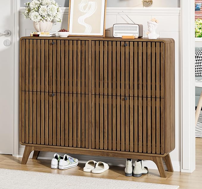 Large Shoe Cabinet for Entryway, Bamboo Narrow Shoe Cabinet Storage with 4 Flip Drawers, Slim Fluted Shoe Rack Organizer for Entry Way, Hallway, Thin, Skinny, Wood, Walnut