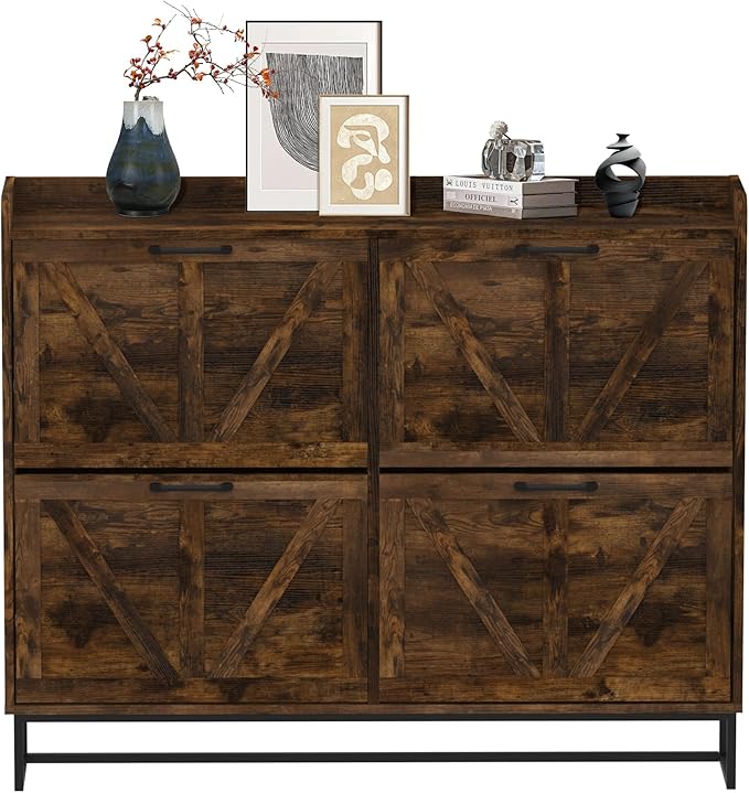 MISHAO Shoe Storage Cabinet with 4 Flip Drawers, Narrow Hidden Shoe Cabinet with Metal Legs & Adjustable Shelf, Freestanding Slim Shoe Rack Organizer for Entryway, Rustic Brown