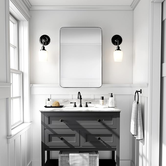 Black Bathroom Mirrors for Over Sink, 24 x 36 Inch Rounded Corner Rectangle Bathroom Vanity Mirror for Wall, Hangs Horizontally or Vertically