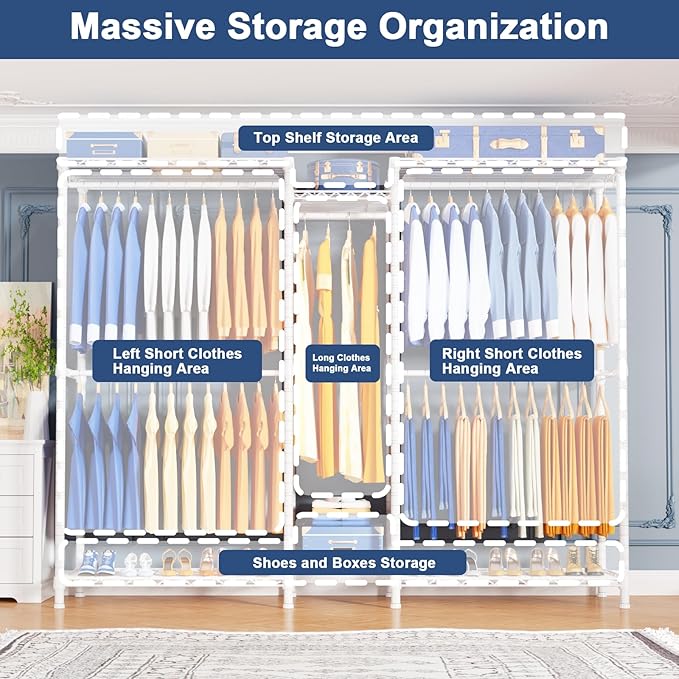 Ulif E12C Heavy Duty Closet Organizer System，Freestanding Clothing Racks for Hanging Clothes，Adjustable Garment Rack 71" W x 16" D x 76.5" H Hold 960 lbs，White Clothing Rack with Black Dustproof Cover
