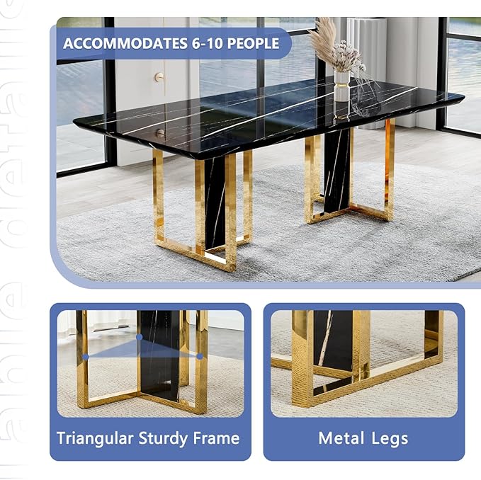 JUFU Dining Table Set for 10, 79'' Dining Table for 8-10 People with Faux Marble Tabletop and Sturdy Leg, White Rectangle Dining Room Table Set for 10 with Light Gray PU Chairs, Ideal for Dining Room