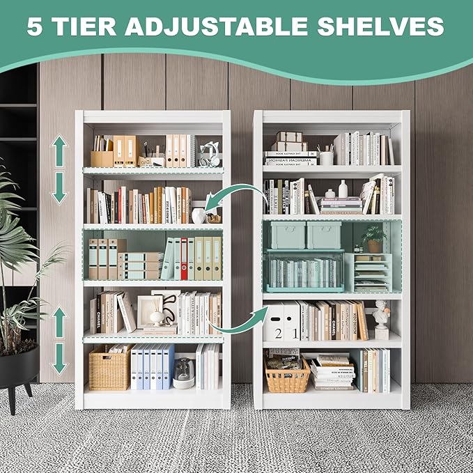 5-Tier Metal Book Shelf, 69” Tall Bookshelf with Adjustable Storsge Shelves, Library Bookcase with Book Stopper, Modern White Bookshelf for Living Room, Office, Bedroom