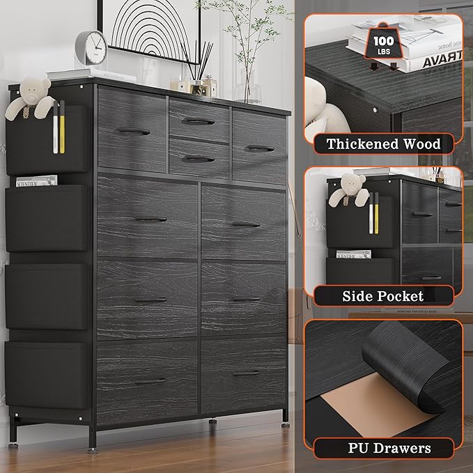 Lulive Dresser for Bedroom with 10 Drawers, Chest of Drawers, Fabric Storage Tower with Side Pockets and Hooks, Organizer Unit for Living Room, Hallway, Closet