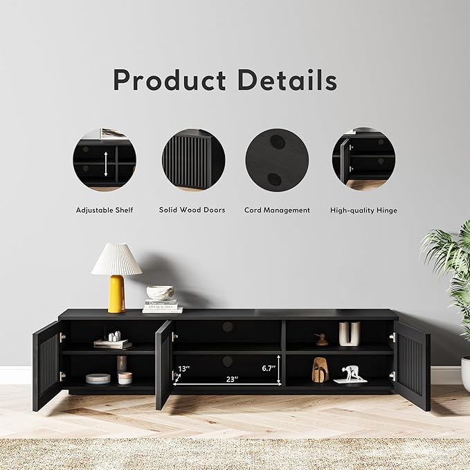 POVISON Full Assembled Mid Century Modern TV Stand, Black Entertainment Center for 65 inch TV, Wood Slatted Media Console with Storage, Low TV Cabinets for Living Room Bedroom, Oak Veneer