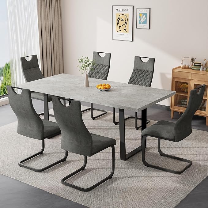 ZckyCine Modern Mid-Century Dining Table Set for 6-8 People Kitchen Dining Room Table Set Extendable Wood Dining Table and 6 Upholstered Chairs, Home Kitchen Furniture