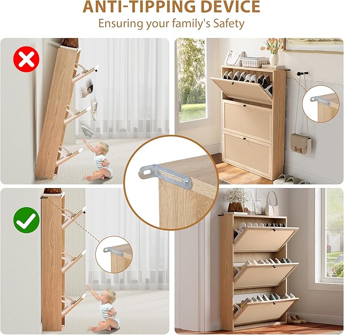 Shoe Storage Cabinet with 3 Flip Drawers, Narrow Wood Shoes Cabinet with Linen Doors Drawer, Freestanding Shoe Organizer Slim Shoe Cabinet Storage Shoe Rack for Entryway Hallway (Natural)