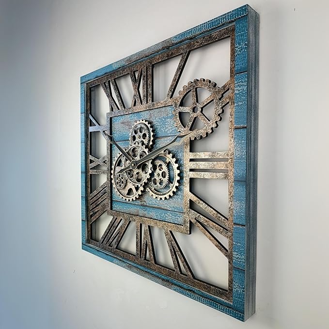 The Gears Clock 24'' Inch Square Real Moving Gear Wall Clock Vintage Industrial Oversized Rustic Farmhouse (Ocean Blue)