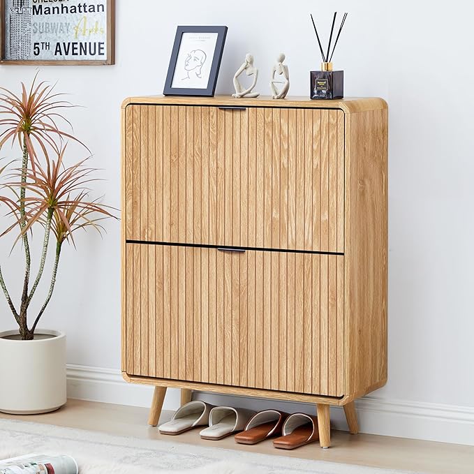 Narrow Shoe Cabinet for Entryway, Fluted Shoe Cabinet Storage with 2 Flip Drawers, Slim Shoes Rack Organizer (Natural)