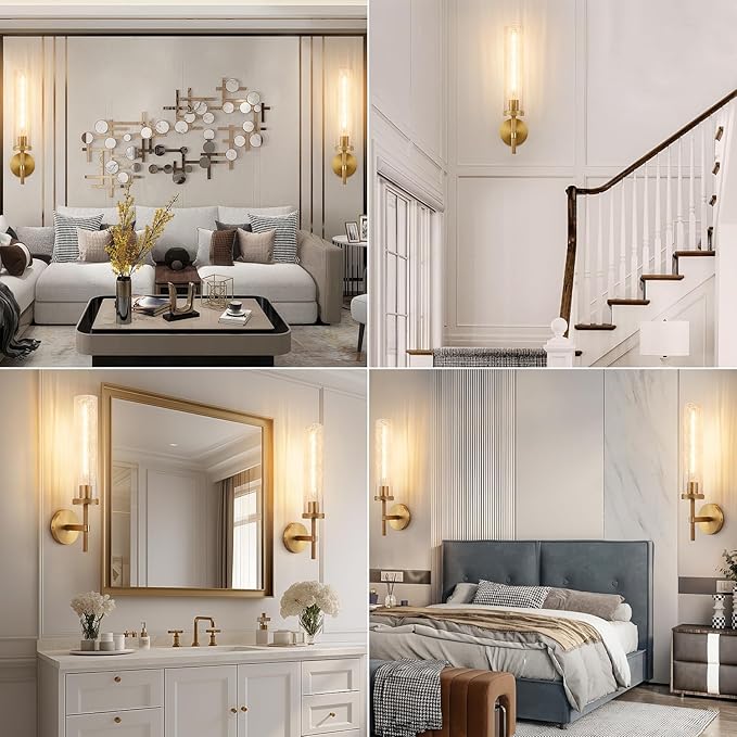 19.5" Knurled Brass Wall Sconces Set of 2, Gold Bathroom Vanity Light Fixtures with Crackle Glass Tube, Modern Lamp Lighting for Bedroom, Living Room, Hallway, Staircase, Mirror, Kitchen