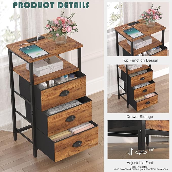 Nightstand with Charging Station,LED Night Stand with 3 Fabric Drawers, Bedside End Tables, 2-Tier Open Storage Shelf Side Table Nightstand with Drawers for Bedroom,Rustic Brown