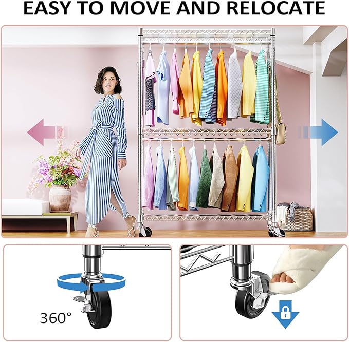 IZEUK 3-Tier Heavy Duty Rolling Garment Rack, Chrome Metal Freestanding Closet Wardrobe Rack with Double Rods and Side Hooks, 15.7" D x 45.3" W x 79.6" H