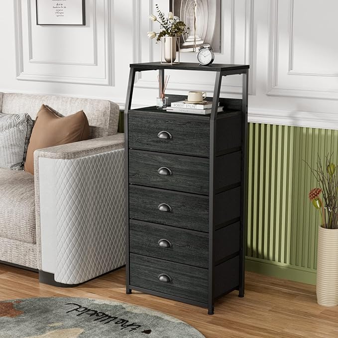 Furnulem Black Dresser with 5 Drawers, Vertical Storage Tower Fabric Dresser for Bedroom, Hallway, Entryway, Nursery, Closet Organizer, Nightstand Bedside Table Furniture, Sturdy Steel Frame, Wood Top