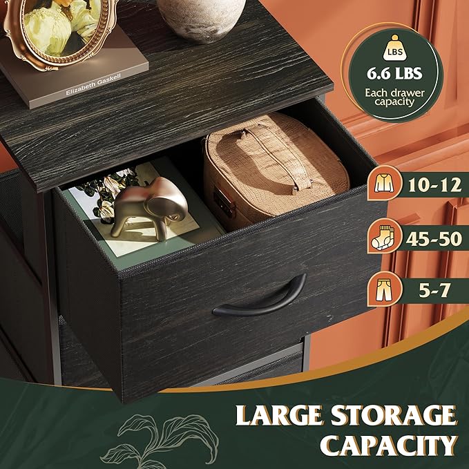 WLIVE Fabric Dresser, 5-Drawer Tall Dresser for Bedroom, Storage Dresser Organizer with Fabric Bins, Wood Top, Sturdy Steel Frame, Chest of Drawers for Closet, Hallway, Charcoal Black Wood Grain Print