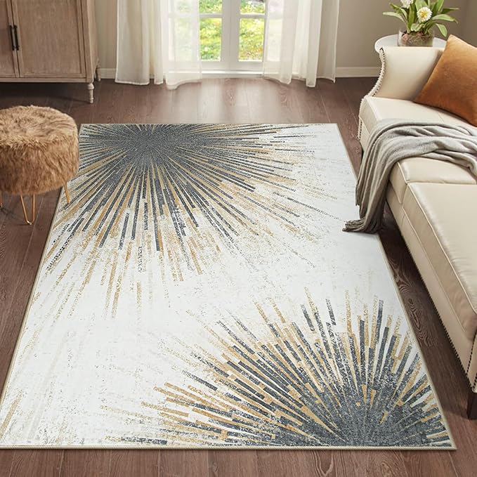 Lahome Modern Living Room Area Rug - 4x6 Rug Washable Non-Slip Soft Bedroom Rugs Ultra-Thin Throw Office Rug, Abstract Print Low-Profile Carpet Rug for Kitchen Laundry Room Entryway (Gold/Gray, 4'x6')