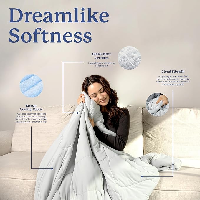 Plufl Breeze Blanket Cooling Comforter, Twin, Lightweight and Breathable Blanket for Hot Sleepers, Ultra-Cooling Year-Round Bedding for Night Sweats, Machine Washable, 50" x 80", Cool Gray