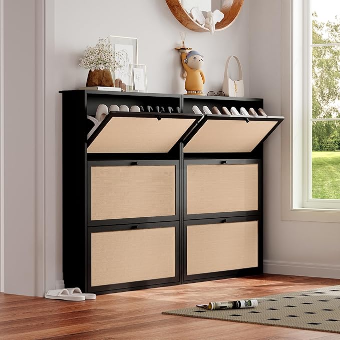 Shoe Storage Cabinet with 3 Flip Drawers, Narrow Wood Shoes Cabinet with Linen Doors Drawer, Freestanding Shoe Organizer Slim Shoe Cabinet Storage Shoe Rack for Entryway Hallway (Black)