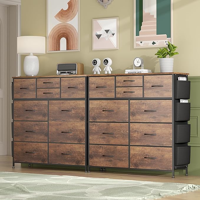 Lulive Dresser for Bedroom with 10 Drawers, Chest of Drawers with Side Pockets and Hooks, Fabric Storage Organizer Unit for Living Room, Hallway, Closet (Rustic Brown)