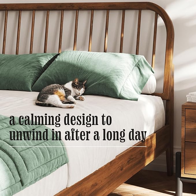 DG Casa Wesley Solid Wood Queen Size Bed Frame - Mid Century Modern Style, Platform with Spindle Headboard and Footboard, No Box Spring Required, Walnut Finish