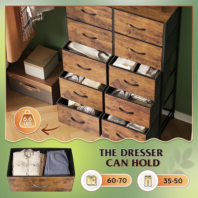 WLIVE Tall Dresser for Bedroom with 10 Fabric Drawers, Organizer Units for Closet, Storage Tower with Cabinet, Metal Frame, Rustic Brown Wood Grain Print Dressers