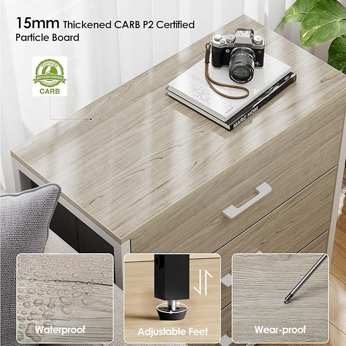 Nightstand, End Table, Bedside Table, Tall Fabric Dresser with 3 Drawer, White Drawers Small Chests of Drawers Organizer Storage Tower with Steel Frame, Wooden Top & Front for Bedroom