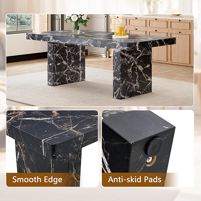Ebullient Marble Dining Table Set for 10, 79'' Black Kitchen Table Set for 10, 3.5'' Thick Wooden Top with Rectangle Heavy Duty Legs, Modern Dining Table and Upholstered Chairs set of 10, Marble Grain
