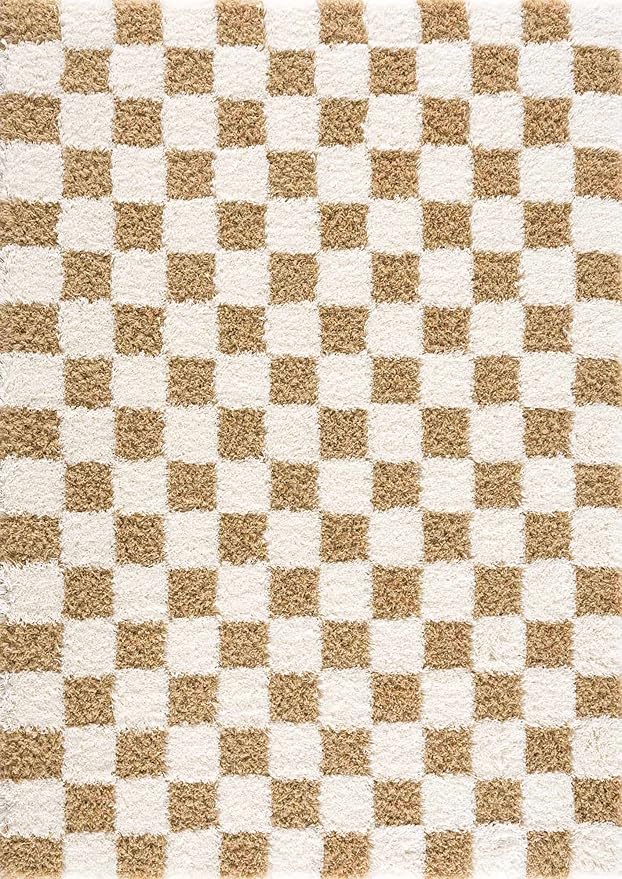 Hauteloom Atira Contemporary Checkered Fluffy Shag Runner Rug - Modern Geometric Carpet Tiles for Hallway, Kids Room - Plush Pile Carpet Squares - Yellow, Cream, White - 2'7" x 7'3"