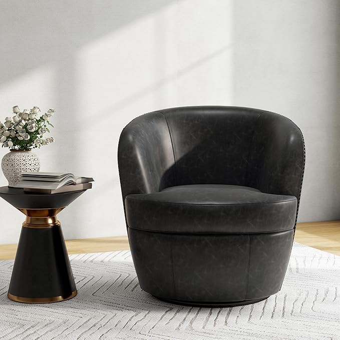 Swivel Barrel Chair, Modern Round PU Leather Accent Armchair for Living Room, Bedroom, Comfy Club Reading Chairs for Adults (Leather Black Grey, Set of 1)
