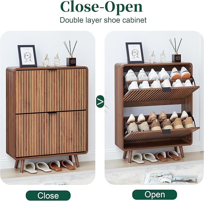 Narrow Shoe Cabinet for Entryway, Fluted Shoe Cabinet Storage with 2 Flip Drawers, Slim Shoes Rack Organizer (Walnut)