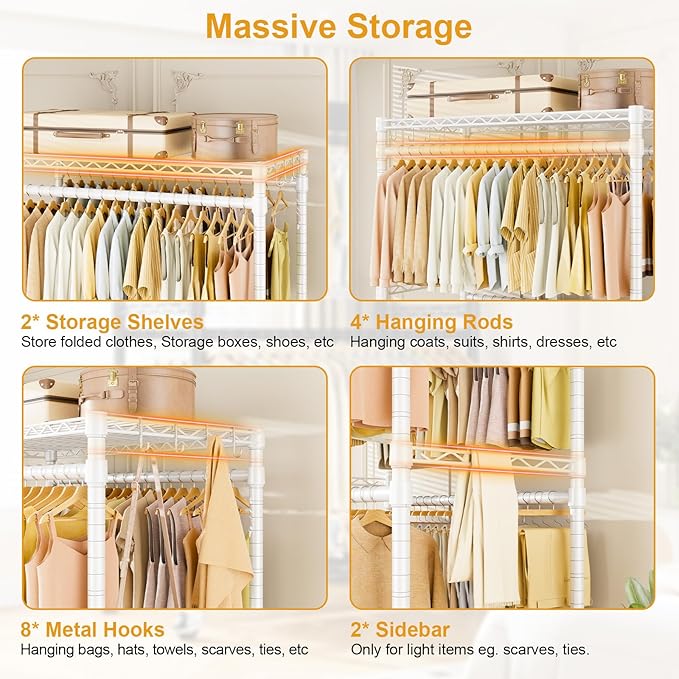 P4 Plus Rolling Clothes Rack Heavy Duty, Clothing Racks for Hanging Clothes, Free Standing Garment Racks with Wheels, Portable Closet Rack 45''W × 20.5''D × 80.5''H, Max Load 570 Lbs, White