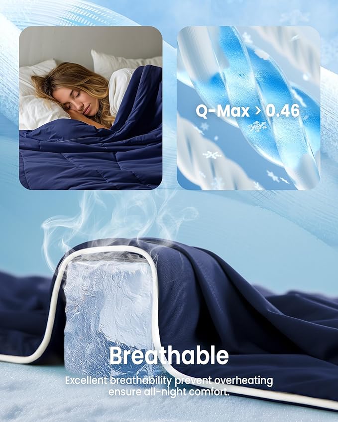 Cooling Comforter King Size, Breathable Blanket for Hot Sleepers & Night Sweats, Q-Max>0.46 Tech, Summer Lightweight & Skin-Friendly Bedding,106"x97", Dark Blue