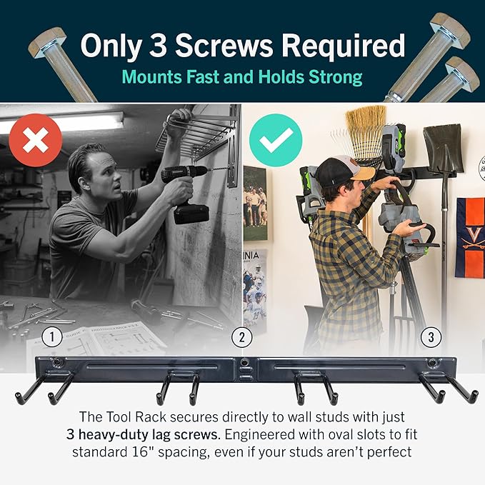 StoreYourBoard Wall-Mounted Rack With 4 Garage Hooks – Heavy-Duty Steel Holder Garage & Garden Storage for Shed, Workshop, or Home Organization – For Rakes, Shovels, Tools & More – 1 Pack, Mud