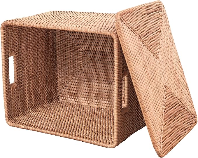 Rattan Basket With Lid, Large Lidded Basket For Storage(18.9" L×15.35"W×11.81"H)