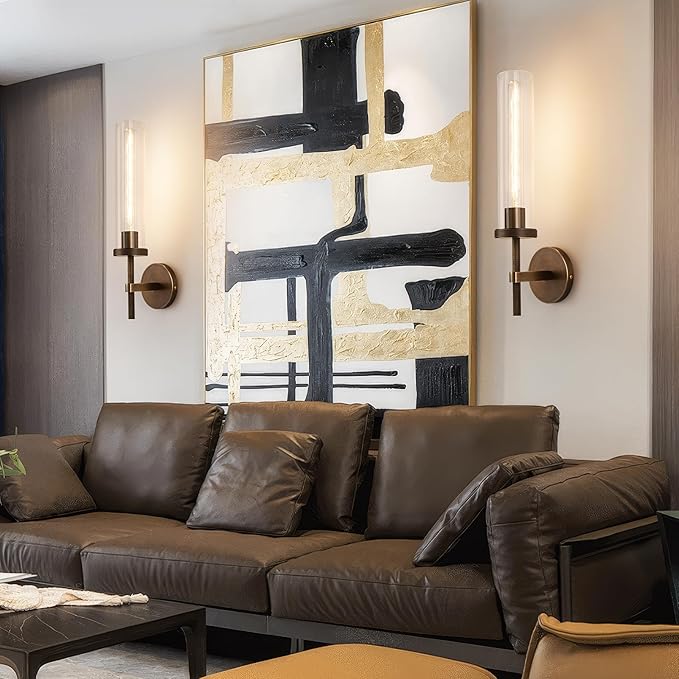 19.5" Knurled Brass Wall Sconce with Clear Glass Tube, Bronze Bathroom Vanity Light Fixtures, Modern Lamp Lighting for Bedroom, Living Room, Hallway, Staircase, Mirror, Kitchen